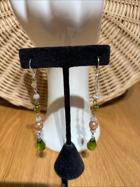 Handmade Olive Green and Pearl Dangle Earrings